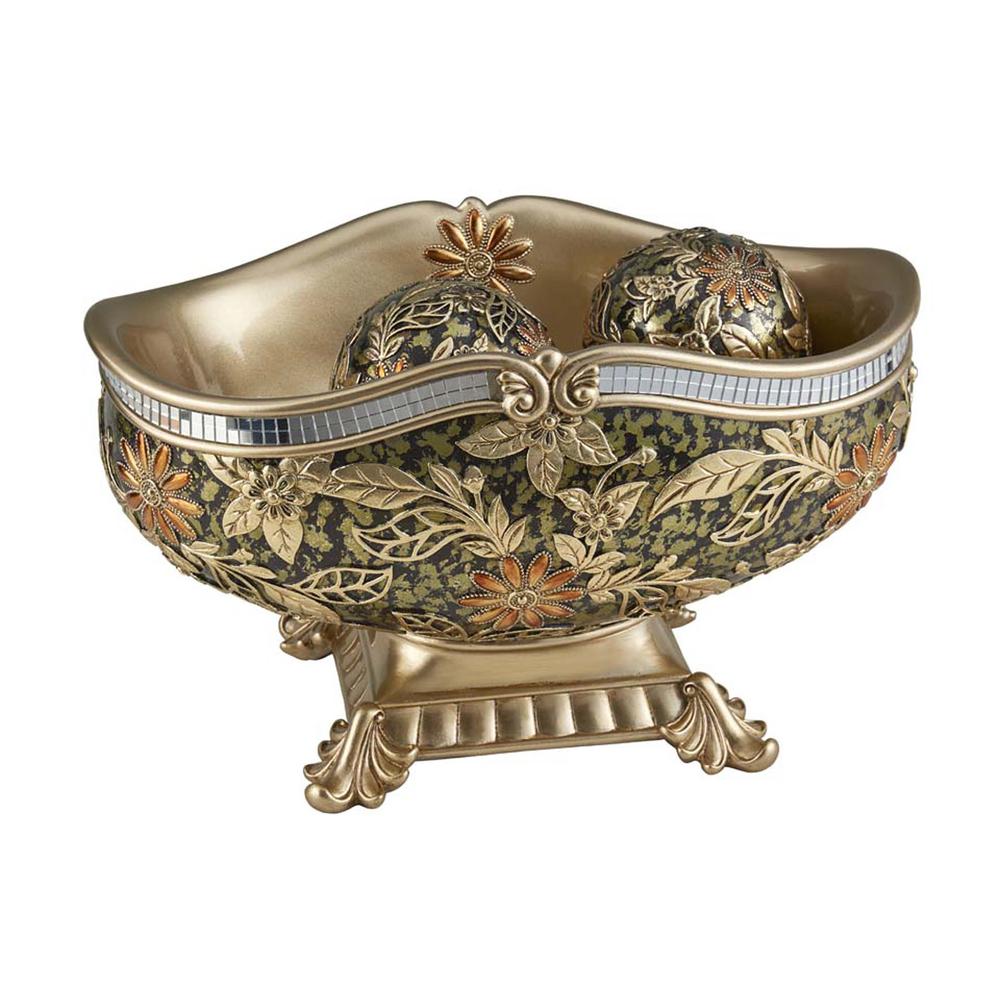 8"In Chrysanthenum Resin Fruit Bowl W/ Spheres. Picture 1