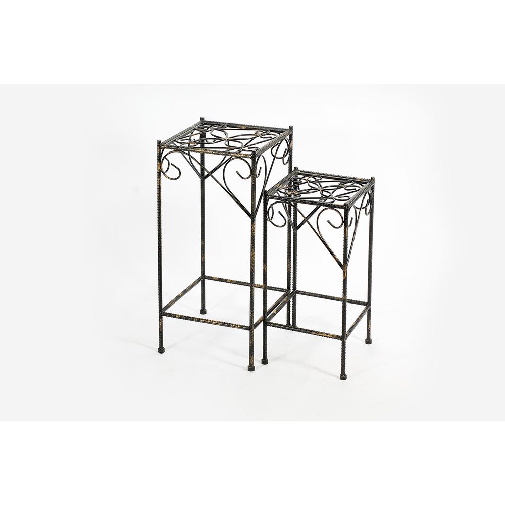 21.06",26.18" CELTIC CLOVER SQUARE BLACK/GOLD CAST METAL PLANT STAND SET OF 2. Picture 1