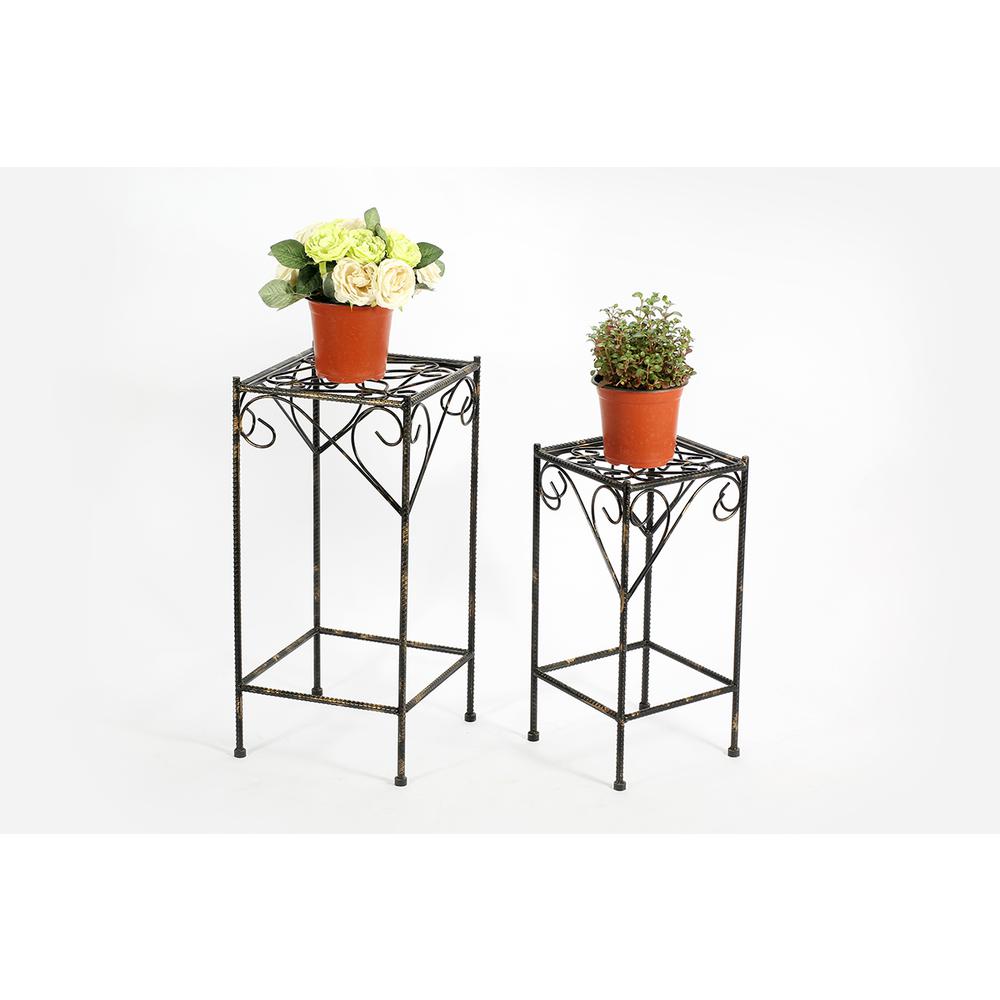 21.06",26.18" CELTIC CLOVER SQUARE BLACK/GOLD CAST METAL PLANT STAND SET OF 2. Picture 2