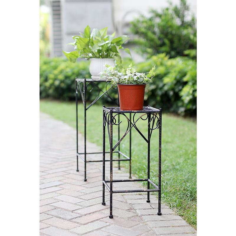 21.06",26.18" CELTIC CLOVER SQUARE BLACK/GOLD CAST METAL PLANT STAND SET OF 2. Picture 3
