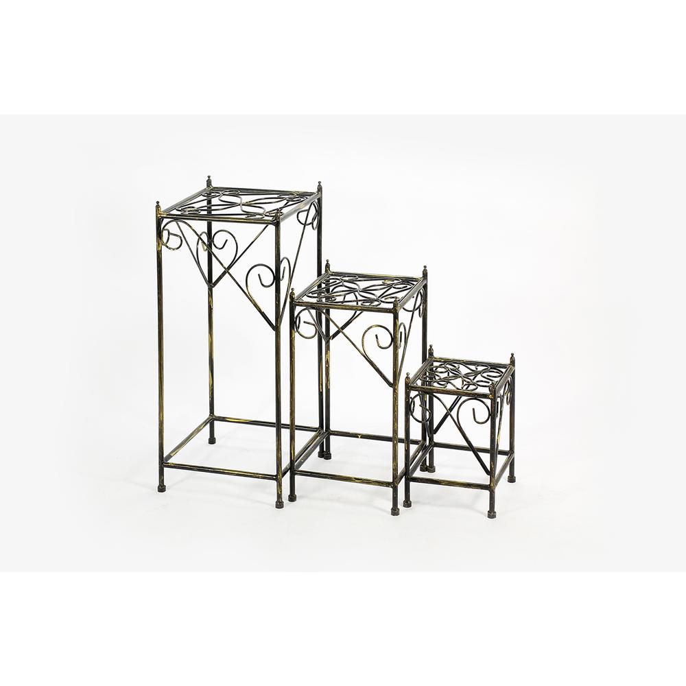 13",20.5",28" SQUARE BLACK/GOLD CAST METAL PLANT STAND SET OF 3. Picture 1
