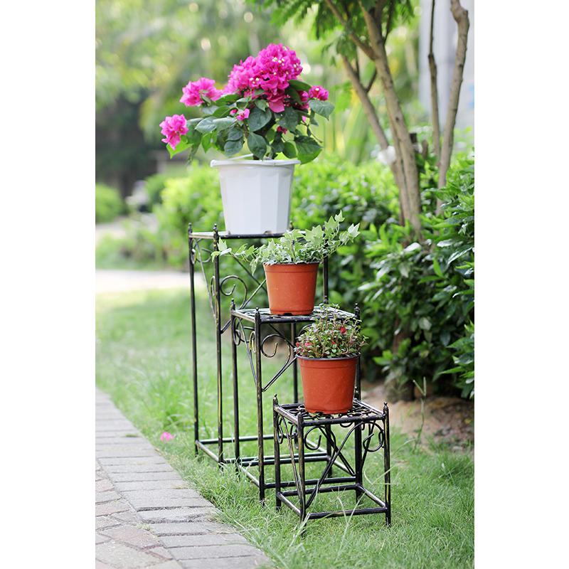 13",20.5",28" SQUARE BLACK/GOLD CAST METAL PLANT STAND SET OF 3. Picture 4