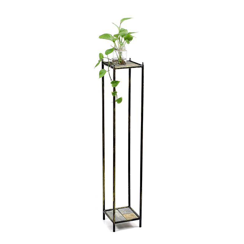 40"H GRAY STONE SLAB 2 TIER LARGE SQUARE BLACK/GOLD CAST METAL PLANT STAND. Picture 2