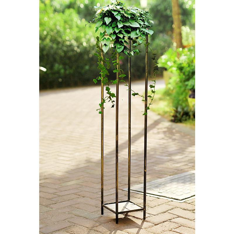 40"H GRAY STONE SLAB 2 TIER LARGE SQUARE BLACK/GOLD CAST METAL PLANT STAND. Picture 3