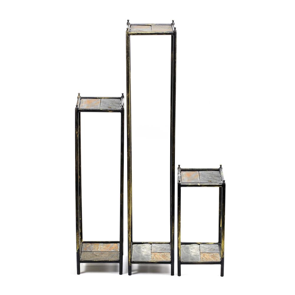 17",28.5",40" Gray Stone Slab Cast-Iron Plant Stands Set Of 3. Picture 1