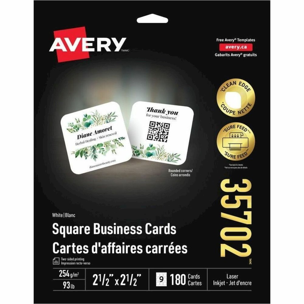 Avery&reg; Square Business Cards with Sure Feed Technology - 2 1/2" x 2 1/2" - 93 lb Basis Weight - 254 g/m² Grammage - Matte - Rounded Corner, Sturdy, Coated, Durable, Avery Clean Edge Technolog. Picture 1