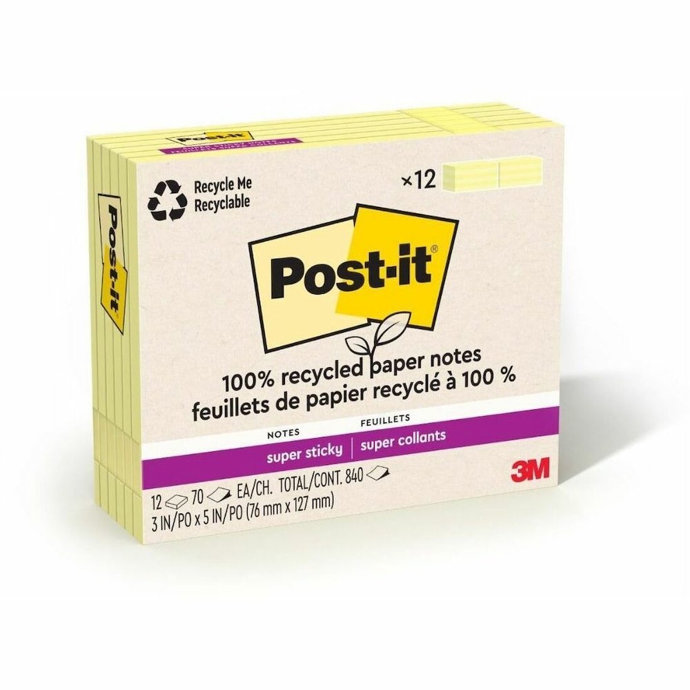Post-it&reg; Recycled Super Sticky Notes - 90 - 3" Flag/Note Width x 5" Flag/Note Length - Rectangle - 70 Sheets per Pad - Canary Yellow - Adhesive - Recycled - 12 / Pack. Picture 1
