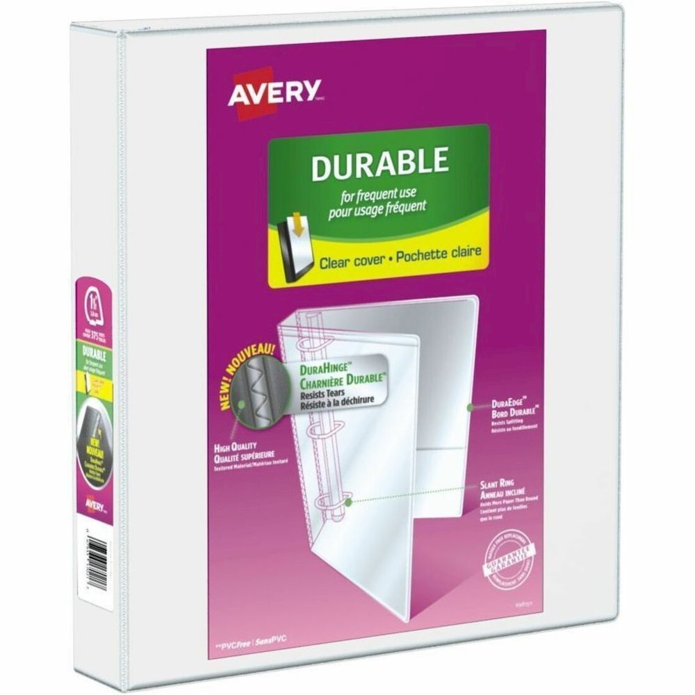 Avery&reg; Durable View Binder - Letter - 8 1/2" x 11" Sheet Size - 375 Sheet Capacity - 1.50" Ring - Fastener: Slant D-Ring - Pocket: 2 - Linen Pattern - White - Durable, Label Holder, Pocket, Custom. Picture 1