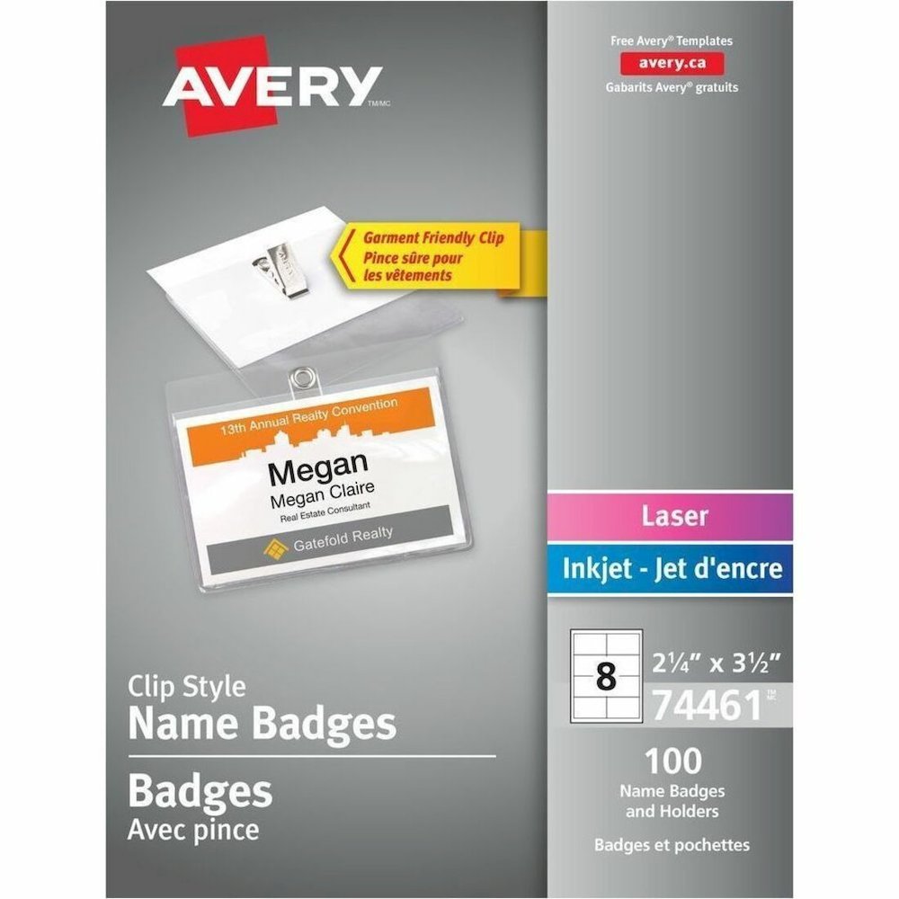 Avery&reg; Garment Friendly Clip Style Name Badge Kit - 3.5" Width x 2.3" Height - Rectangular Shape - Top Loading, Reusable, Durable, Swivel, PVC-free, Printable - Event, Seminar - Plastic - White, C. Picture 1