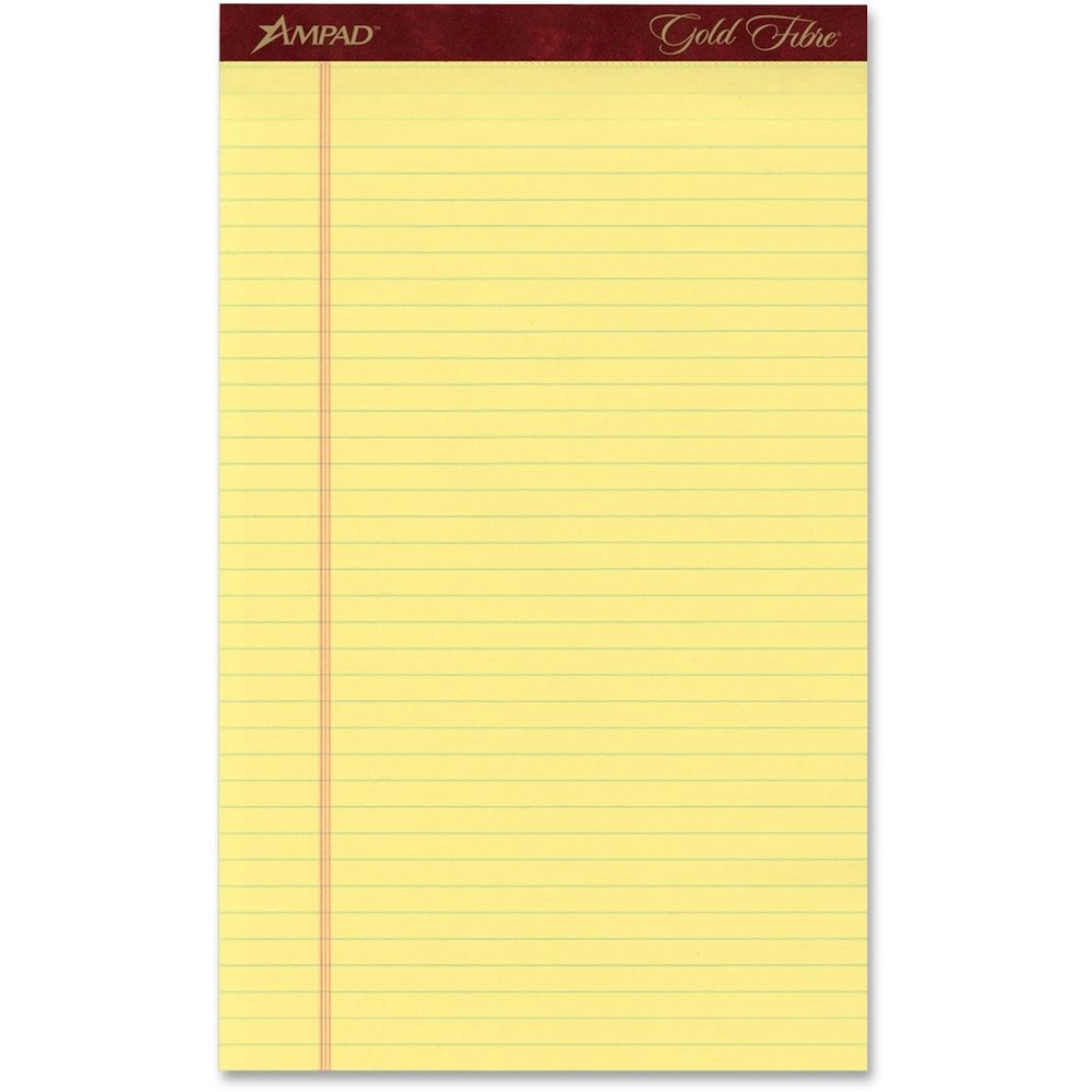 TOPS Gold Fibre Premium Rule Writing Pads - Legal - 50 Sheets - Watermark - Stapled/Glued - 0.34" Ruled - 16 lb Basis Weight - Legal - 8 1/2" x 14" Sheet Size - Yellow Paper - Bleed-free, Chipboard Ba. Picture 1
