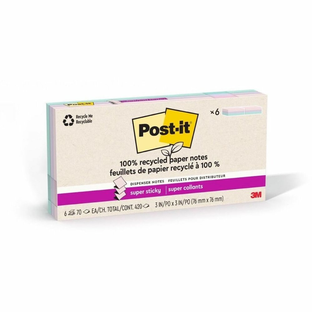 Post-it&reg; Super Sticky Adhesive Note - 420 - 3" Flag/Note Width x 3" Flag/Note Length - 70 Sheets per Pad - Assorted Wanderlust Pastel - Removable, Repositionable, Recyclable, Pop-up - Recycled - 1. Picture 1