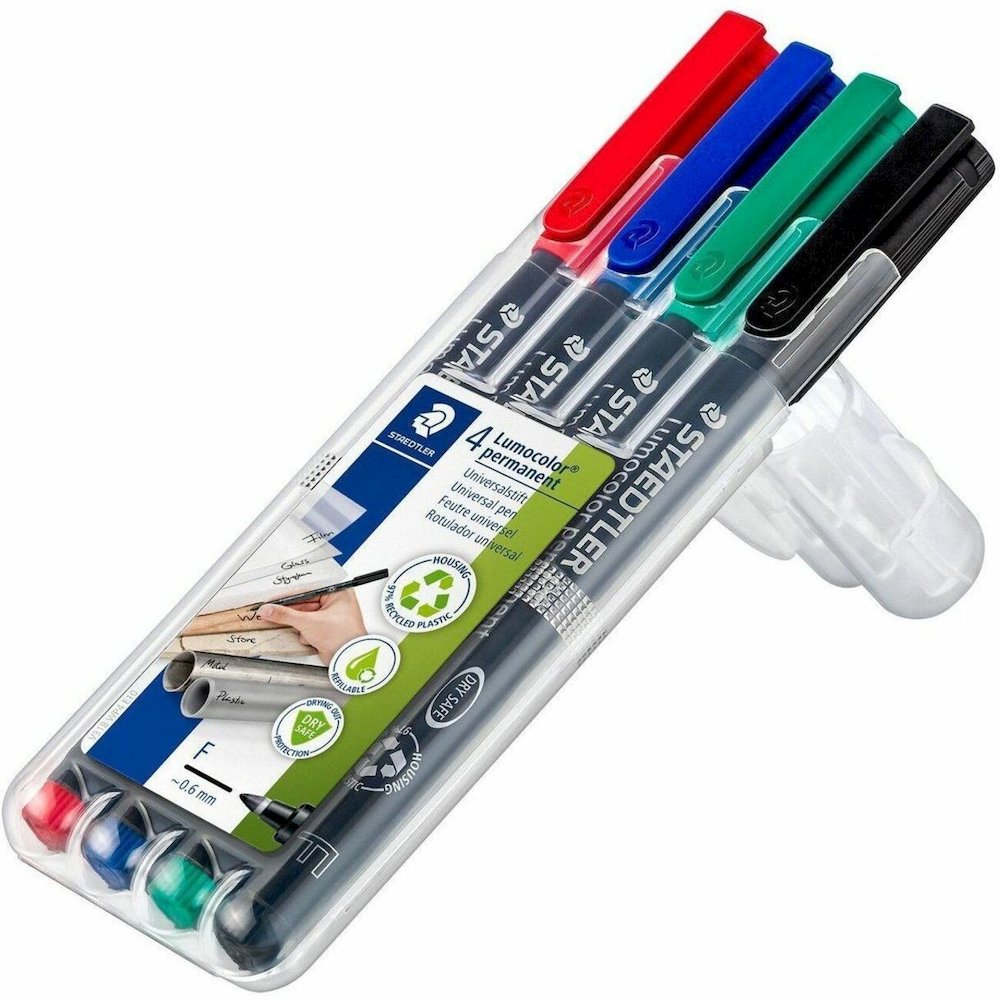 Lumocolor Permanent Pen 318 - Red, Blue, Green, Black Ink - Black Polypropylene Barrel - Writing - 4 / Set. Picture 1
