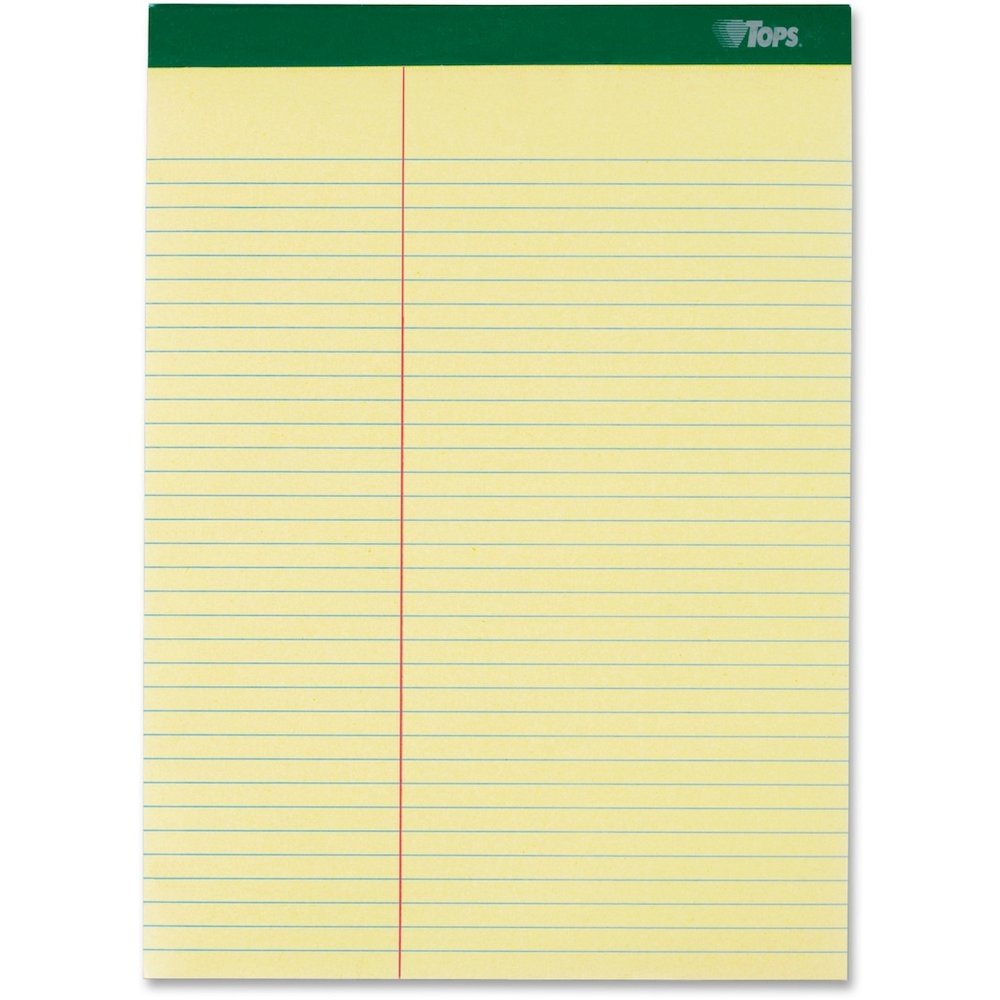TOPS Letr-Trim Perforated Law-ruled Writing Pad - 100 Sheets - 0.34" Ruled - 16 lb Basis Weight - 8 1/2" x 11 3/4" Sheet Size - Canary Paper - Marble Green Binding - Perforated, Hard Cover - 6 / Pack. Picture 1