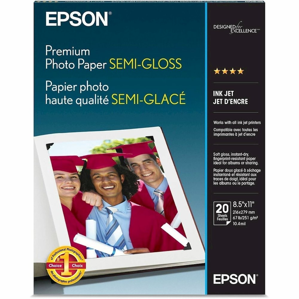 Epson Premium Semi-Gloss Photo Paper - 93 Brightness - 97% Opacity - Letter - 8 1/2" x 11" - 68 lb Basis Weight - Semi-gloss - White - 20 / Pack. Picture 1