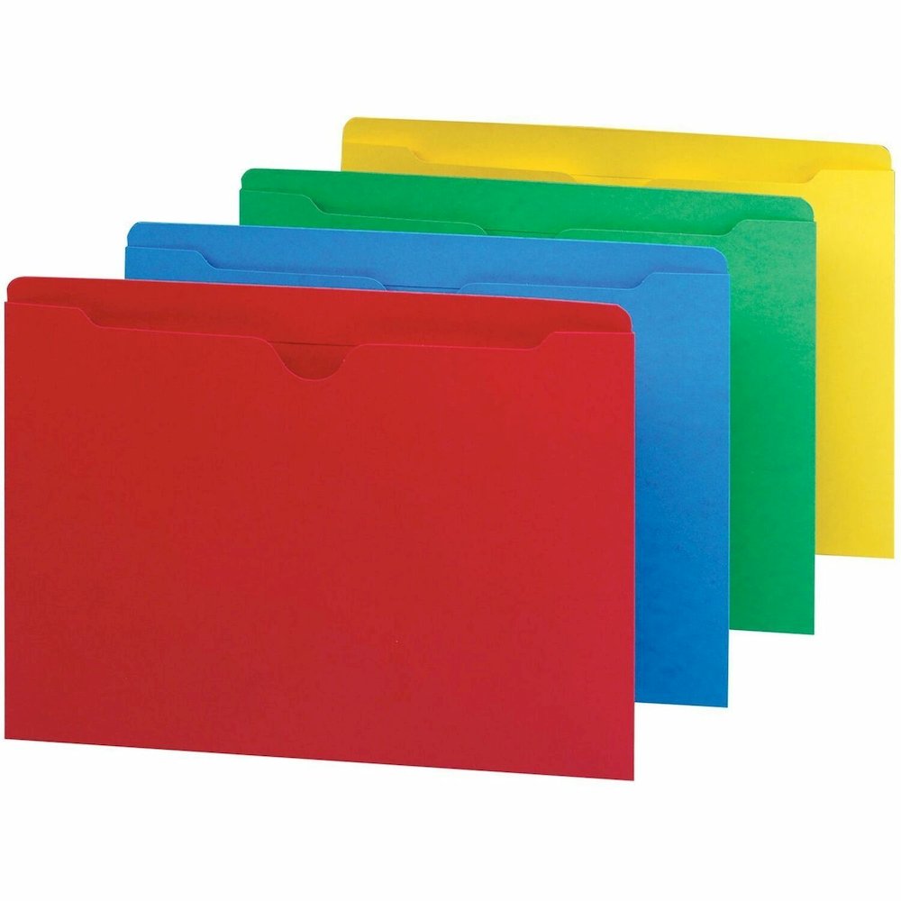 Smead Colored Straight Tab Cut Letter Recycled File Jacket - 8 1/2" x 11" - 50 Sheets Capacity - 11 pt. - 2 Plys - Blue, Green, Red, Yellow - Slip Resistant, Reinforced Tab - 10% Recycled - 100 / Box. Picture 1
