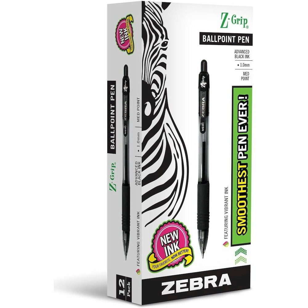 Zebra Z-Grip Retractable Ballpoint Pens - Retractable - Black Ink - Black Barrel - 1 Dozen. Picture 1