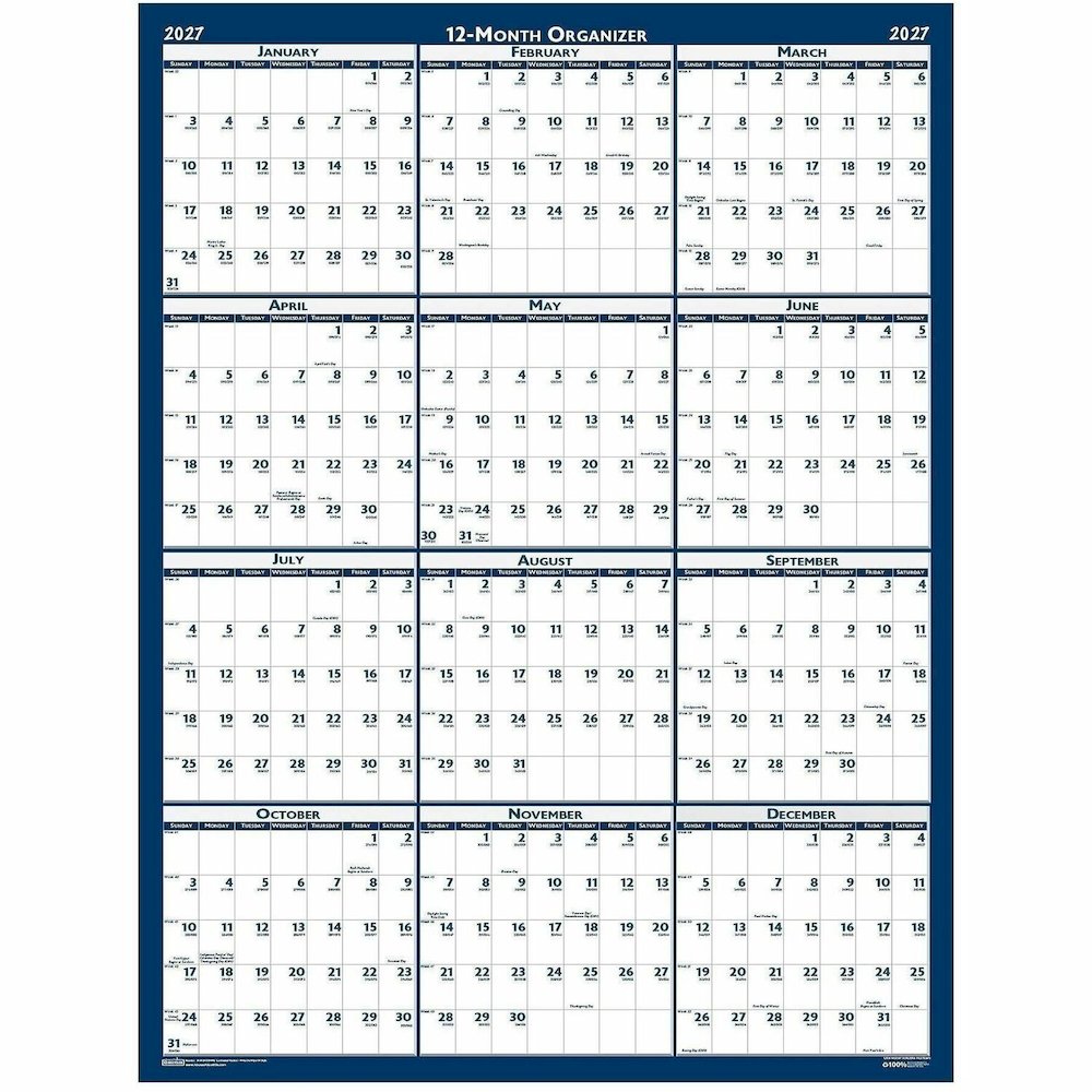 House of Doolittle Recycled Laminated Reversible Planner - Professional - Julian Dates - Yearly - 12 Month - January 2027 to December 2027 - 24" x 37" Sheet Size - Blue/Gray Sheet - 1.25" x 1.63" , 1.. Picture 1