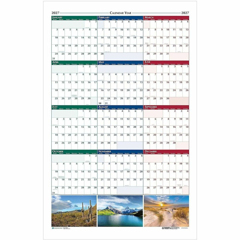 House of Doolittle Earthscapes Scenic Wipe-off Wall Planner - Julian Dates - Yearly - 1 Year - January 2027 to December 2027 - 32" x 48" Sheet Size - 1.13" x 1.38" Block - Multi - Paper - 1 Each. Picture 1