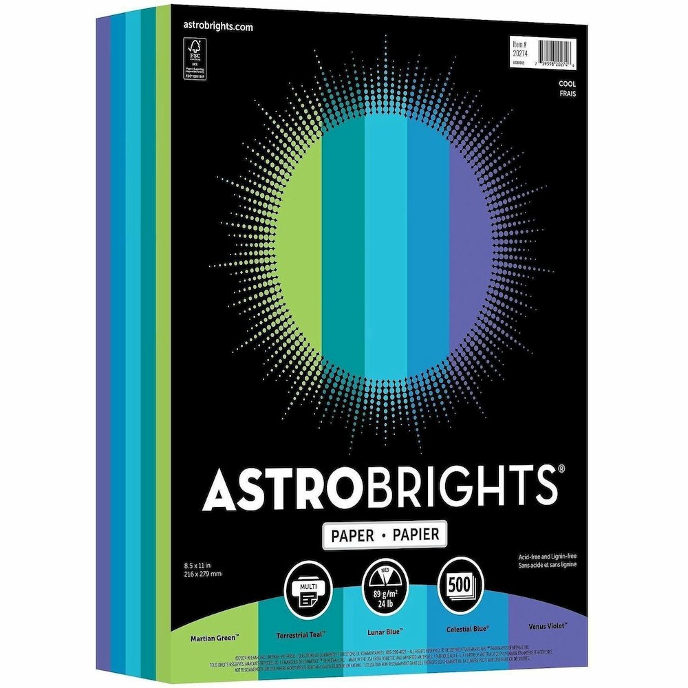 Astrobrights Color Copy Paper - "Cool" , 5 Assorted Colours - Letter - 8 1/2" x 11" - 24 lb Basis Weight - Acid-free, Lignin-free - Martian Green, Terrestrial Teal, Lunar Blue, Celestial Blue, Venus V. Picture 1
