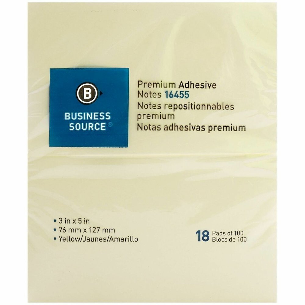 Business Source Repositionable Notes - 3" Flag/Note Width x 5" Flag/Note Length - Rectangle - Yellow - Repositionable, Solvent-free Adhesive - 18 / Pack. Picture 1