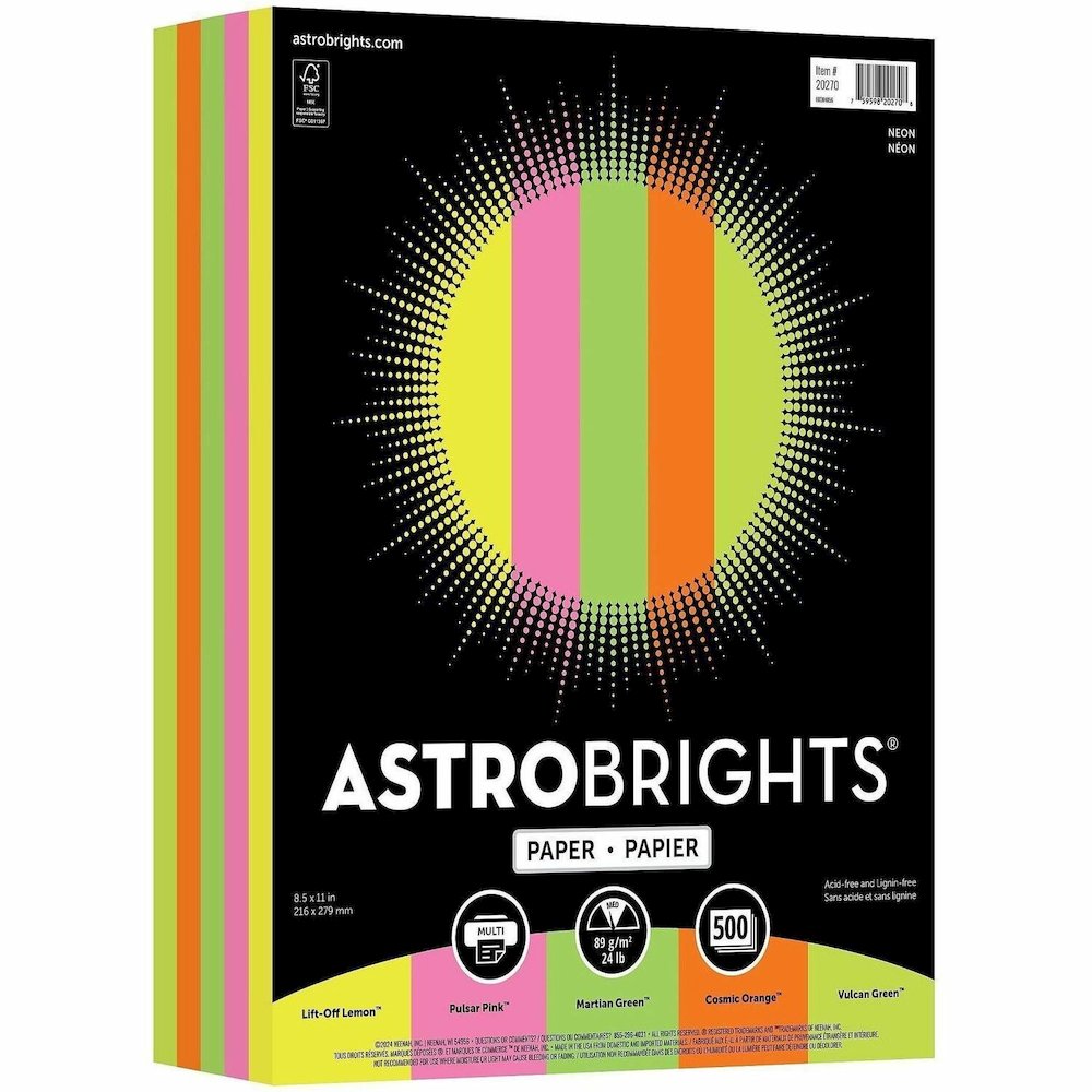 Astrobrights Color Copy Paper - "Neon" ,  5 Assorted Colours - Letter - 8 1/2" x 11" - 24 lb Basis Weight - Green Seal - Acid-free, Lignin-free, Heavyweight, Fade Resistant - Cosmic Orange, Lift-off L. Picture 1