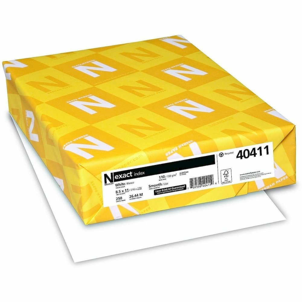 Exact Index Copy Paper Heavyweight - White - 94 Brightness - Letter - 8 1/2" x 11" - 110 lb Basis Weight - Smooth - Durable, Acid-free - White - 250 / Pack. Picture 1