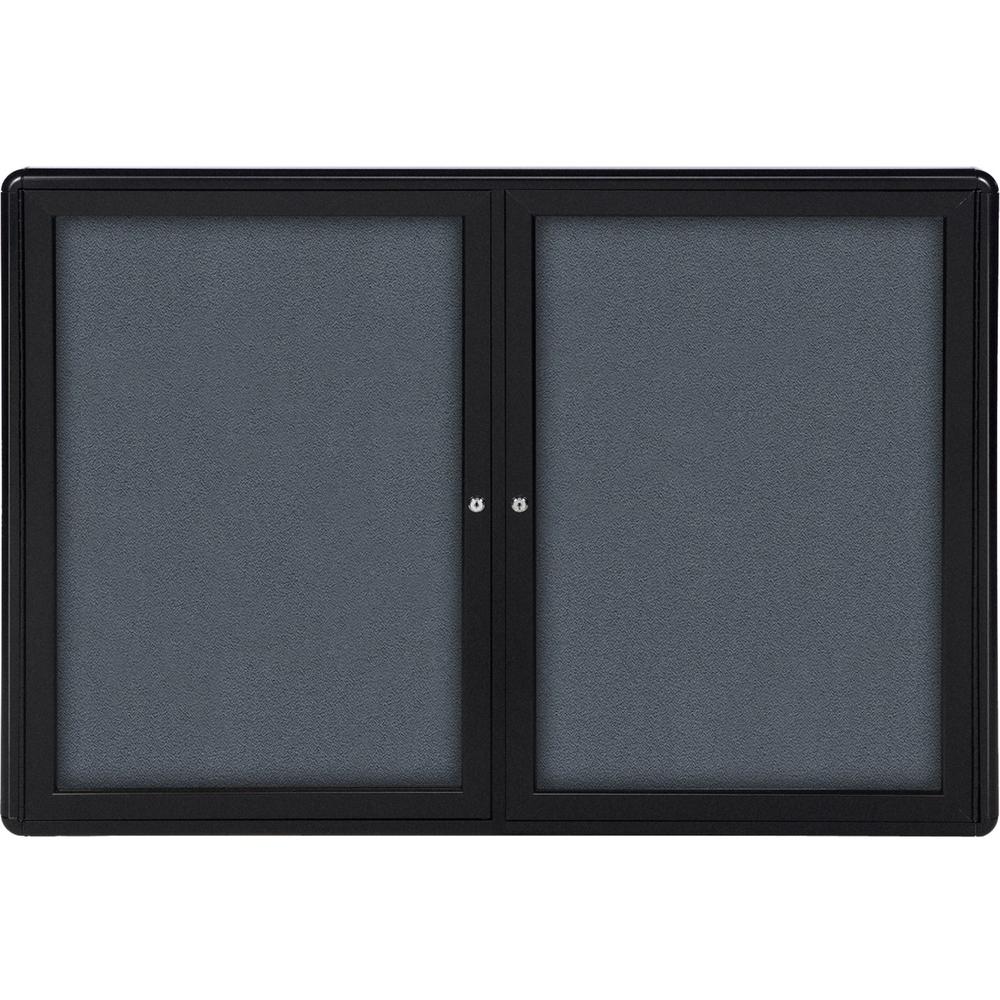 Ghent 2-door Ovation Enclosed Fabric Tackboard - 34" Height x 47" Width - Gray Fabric Surface - Shatter Resistant, Locking Door, Mounting System - Black Aluminum Frame - 1 Each. Picture 1