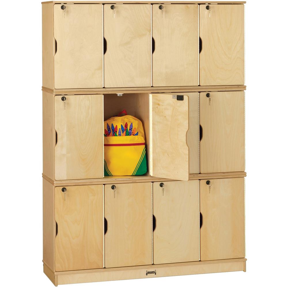 Jonti-Craft Triple Stack Children's Stacking Lockers - 48.5" Width x 15" Depth x 67" Height - Stackable, Lockable, Sturdy, Key Lock, Kick Plate - Wood Grain - Baltic Birch Plywood - 12/Set. Picture 1