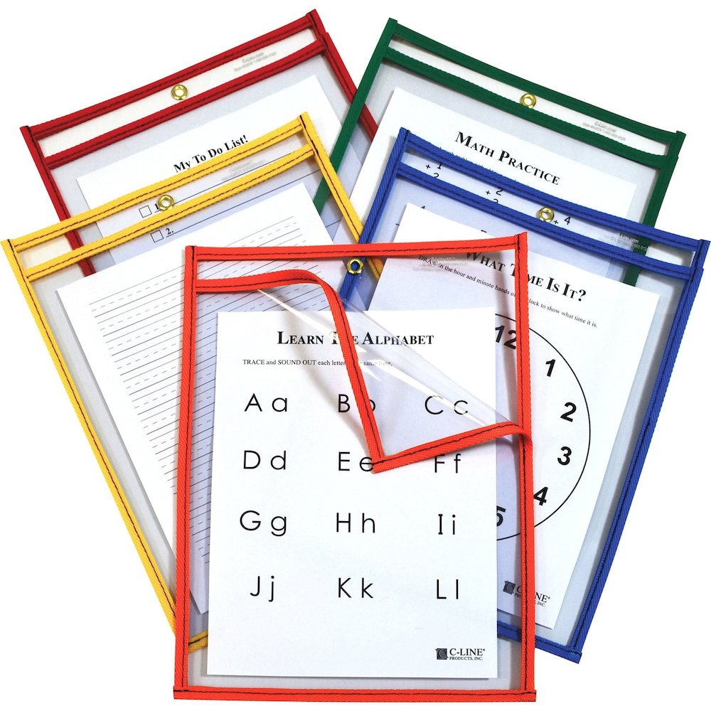 C-Line Super Heavyweight Plus Reusable Dry Erase Pockets - Red, Orange, Yellow, Green, Blue Frame - Rectangle - Reusable, Heavyweight, Sturdy, Easy to Clean, Eyelet - 25 / Box. Picture 1
