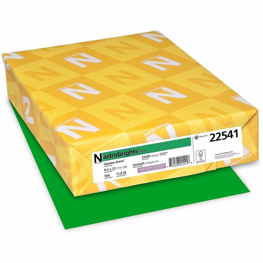 Neenah Color Paper - Green - Letter - 8 1/2" x 11" - 24 lb Basis Weight - Green Seal - Acid-free, Lignin-free, Heavyweight - Gamma Green - 500 Sheets - 500 / Pack. Picture 1