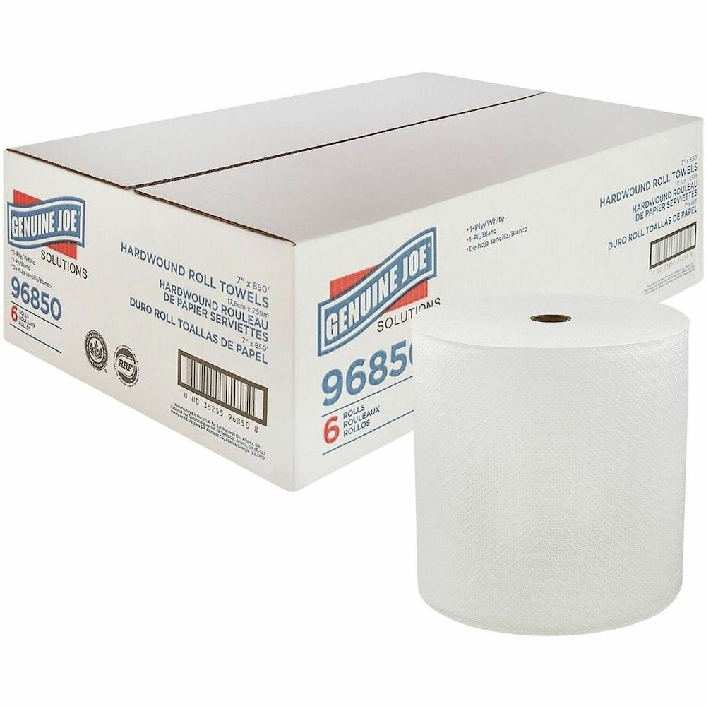 Genuine Joe Solutions Hardwound Paper Towels - 1 Ply - 7" Width x 850 ft Length - White - 65 / Pallet. Picture 1