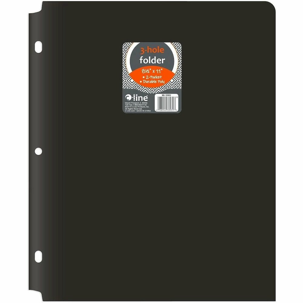 C-Line 2-pocket Heavyweight Poly Portfolio Pocket - 9.4" Width x 11.4" Length x 100 mil Thickness - For Letter 8 1/2" x 11" Sheet - 3 x Holes - Ring Binder - Rectangular - Black - Polypropylene - 25 /. Picture 1