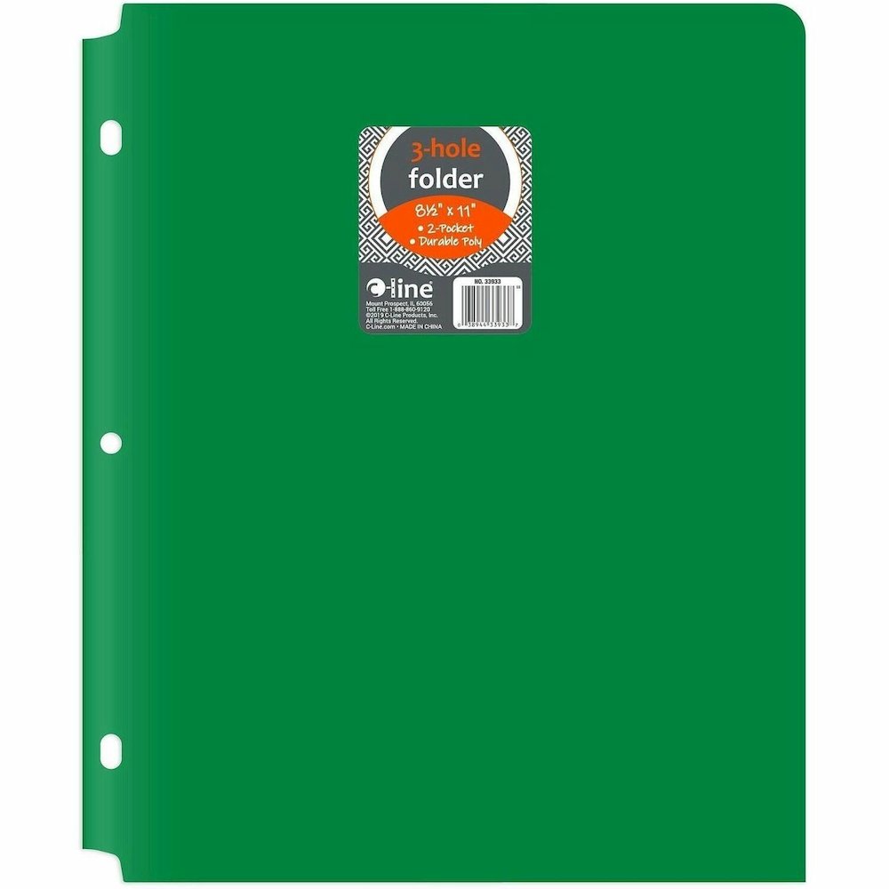 C-Line 2-pocket Heavyweight Poly Portfolio Pocket - 9.4" Width x 11.4" Length x 100 mil Thickness - For Letter 8 1/2" x 11" Sheet - 3 x Holes - Ring Binder - Rectangular - Green - Polypropylene - 25 /. Picture 1