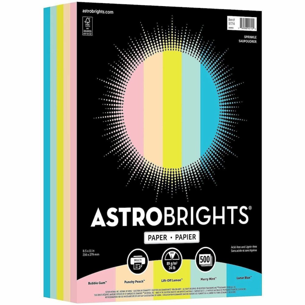 Astrobrights Sprinkle Assortment Copy Paper - Letter - 8 1/2" x 11" - 24 lb Basis Weight - Smooth - Heavyweight, Acid-free, Lignin-free - Bubble Gum, Lunar Blue, Merry Mint, Lift-off Lemon, Punchy Pea. Picture 1