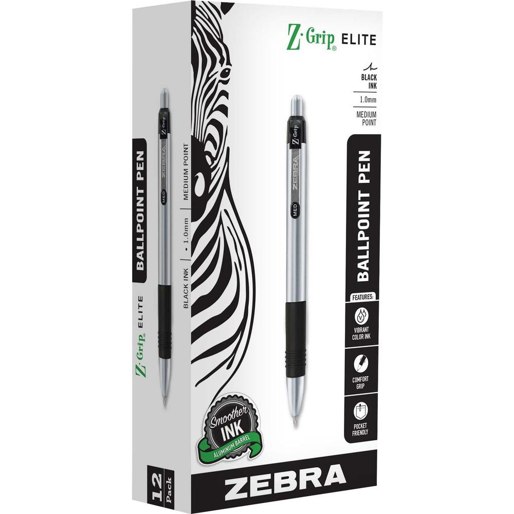 Zebra Z-Grip Elite Metal Retractable Ballpoint Pen - Retractable - Black Ink - Gel-based - 1 Dozen. Picture 1
