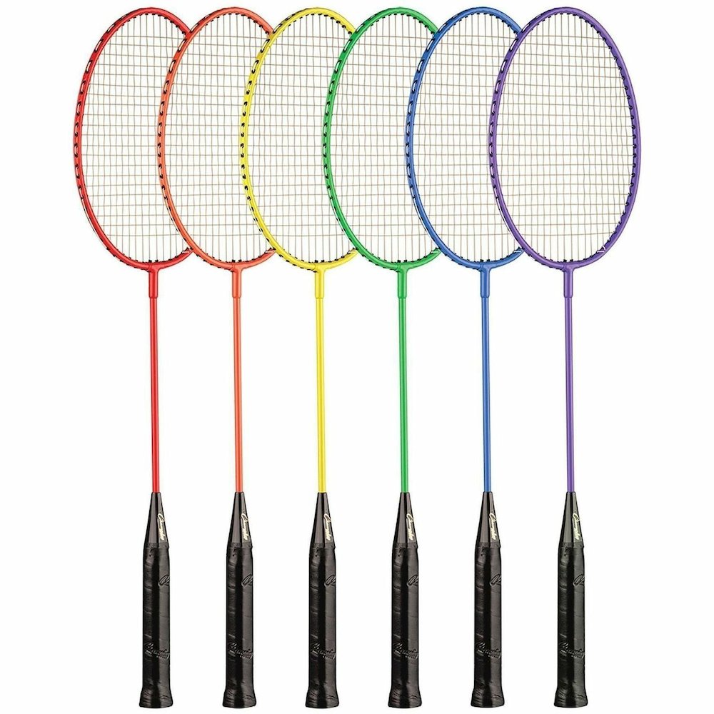 Champion Sports Tempered Steel Badminton Racket Set - Red, Orange, Yellow, Green, Blue, Purple - Nylon, Leather, Tempered Steel. Picture 1