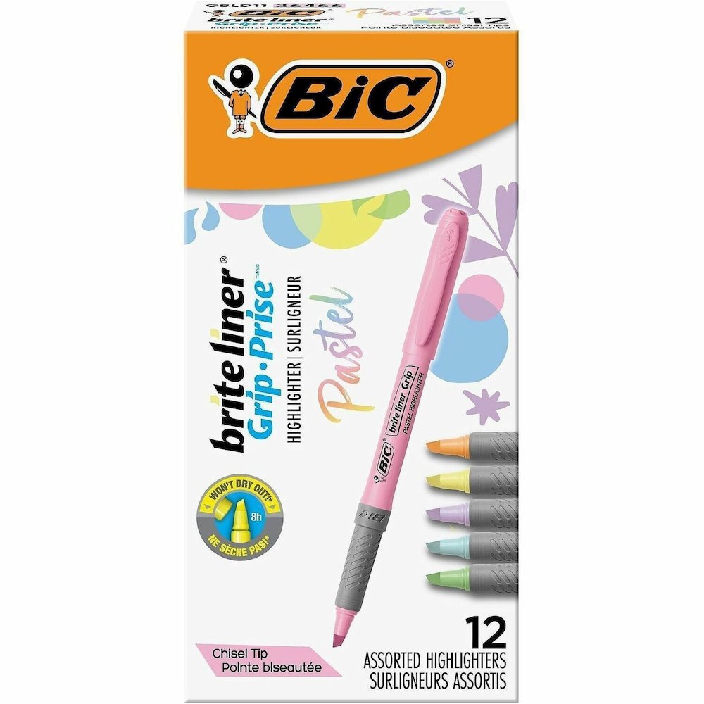 BIC Brite Liner Grip Highlighters, Assorted - Assorted, Pastel Yellow, Pastel Pink, Pastel Blue, Pastel Green, Pastel Purple, Pastel Orange Ink - 1 Dozen. Picture 1