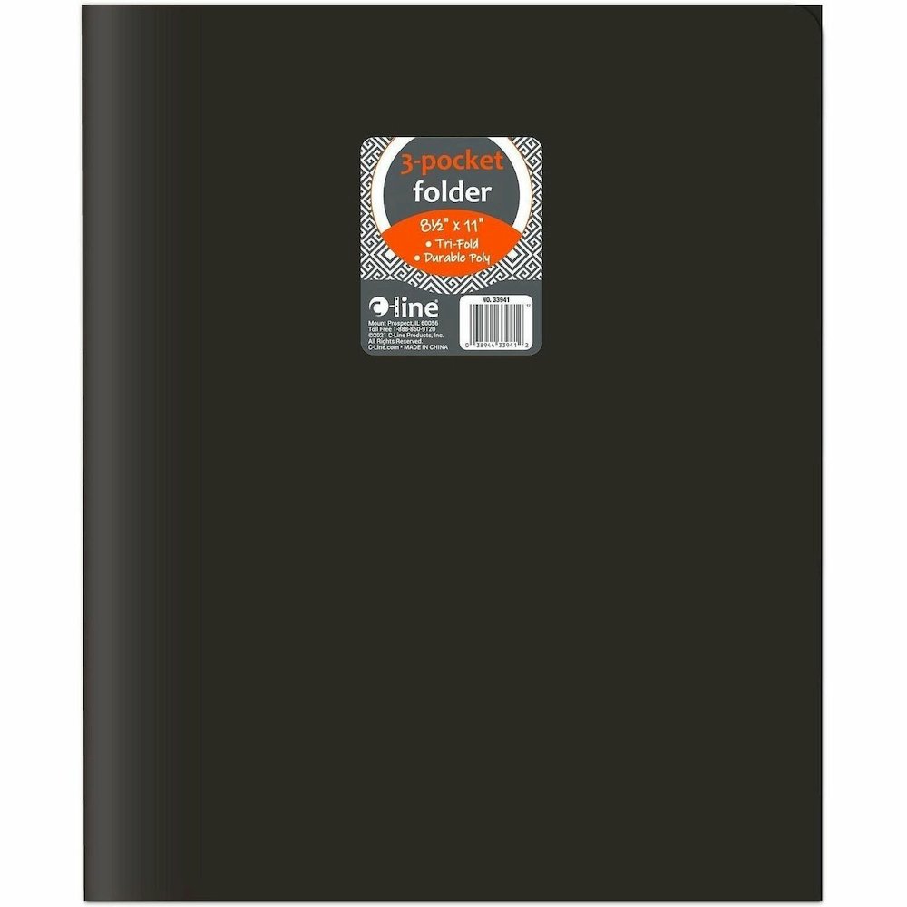 C-Line CLI-33941 Letter Portfolio - 8 1/2" x 11" - 75 Sheets Capacity - 3 Pocket - Polypropylene - Black - 24 / Box. Picture 1