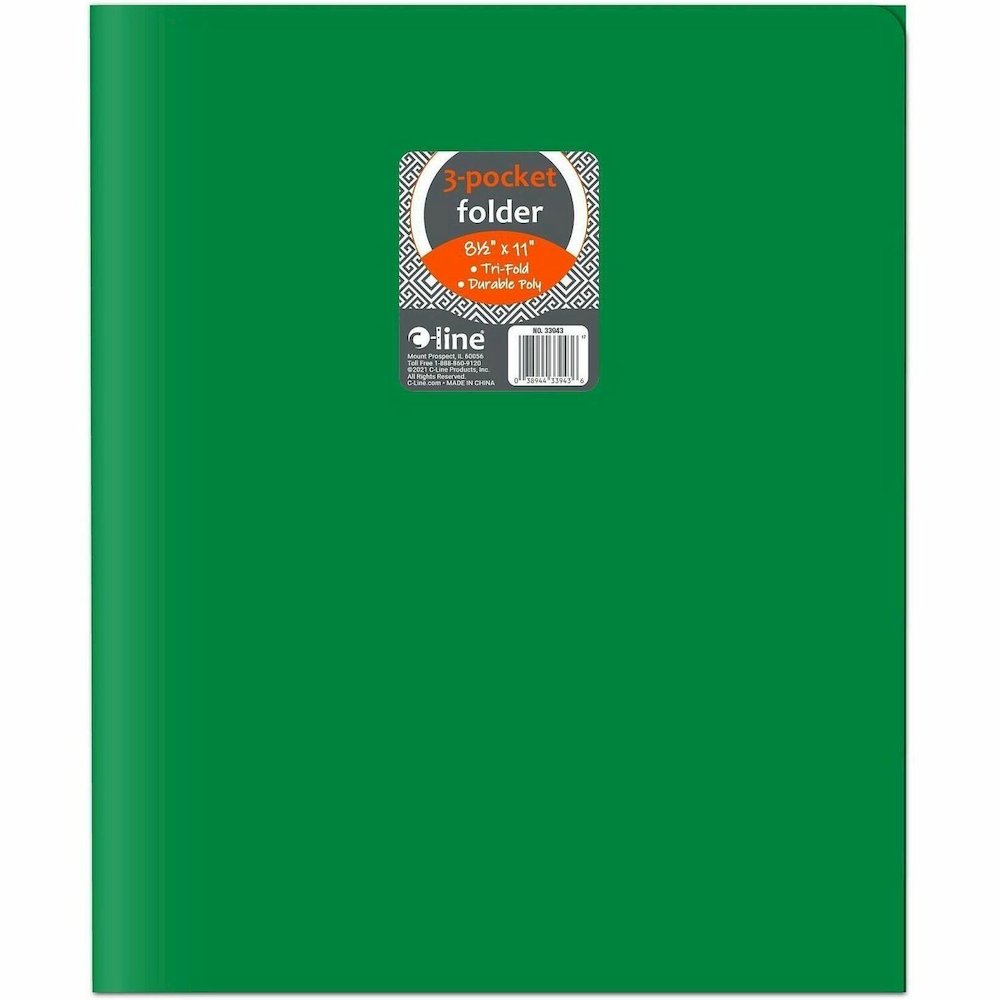 C-Line CLI-33943 Letter Portfolio - 8 1/2" x 11" - 75 Sheets Capacity - 3 Pocket - Polypropylene - Green - 24 / Box. Picture 1