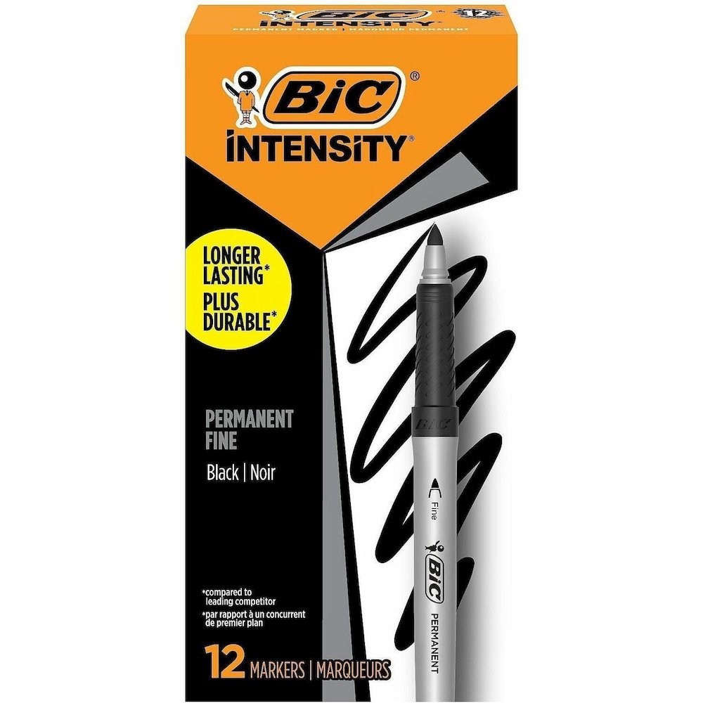 BIC Mark-it Fine Point Permanent Markers - Retractable - Black Ink - Silver Barrel - 1 Dozen/Box - 18 / Carton. Picture 1