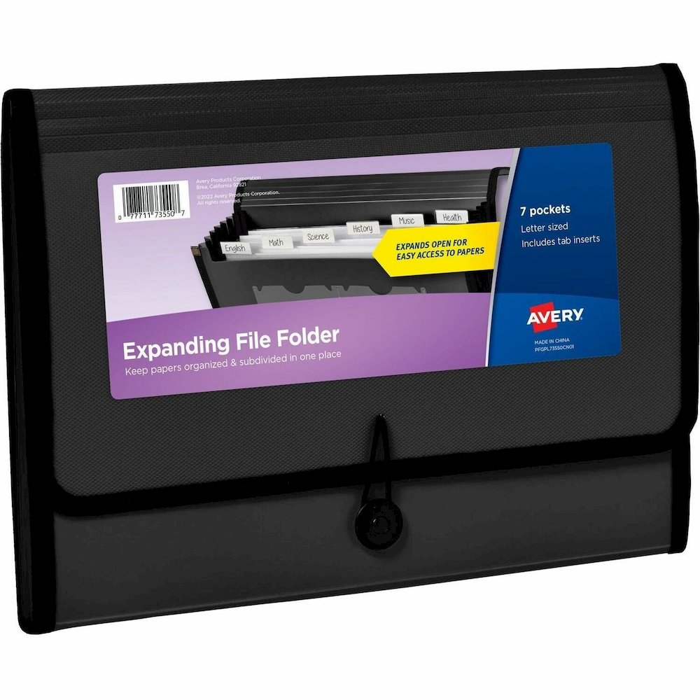 Avery&reg; Letter, A4 Expanding File - 425 Sheets Capacity - 7 Pocket - Polypropylene, Plastic, Fabric - Black - 0% Recycled - 1 Each. Picture 1