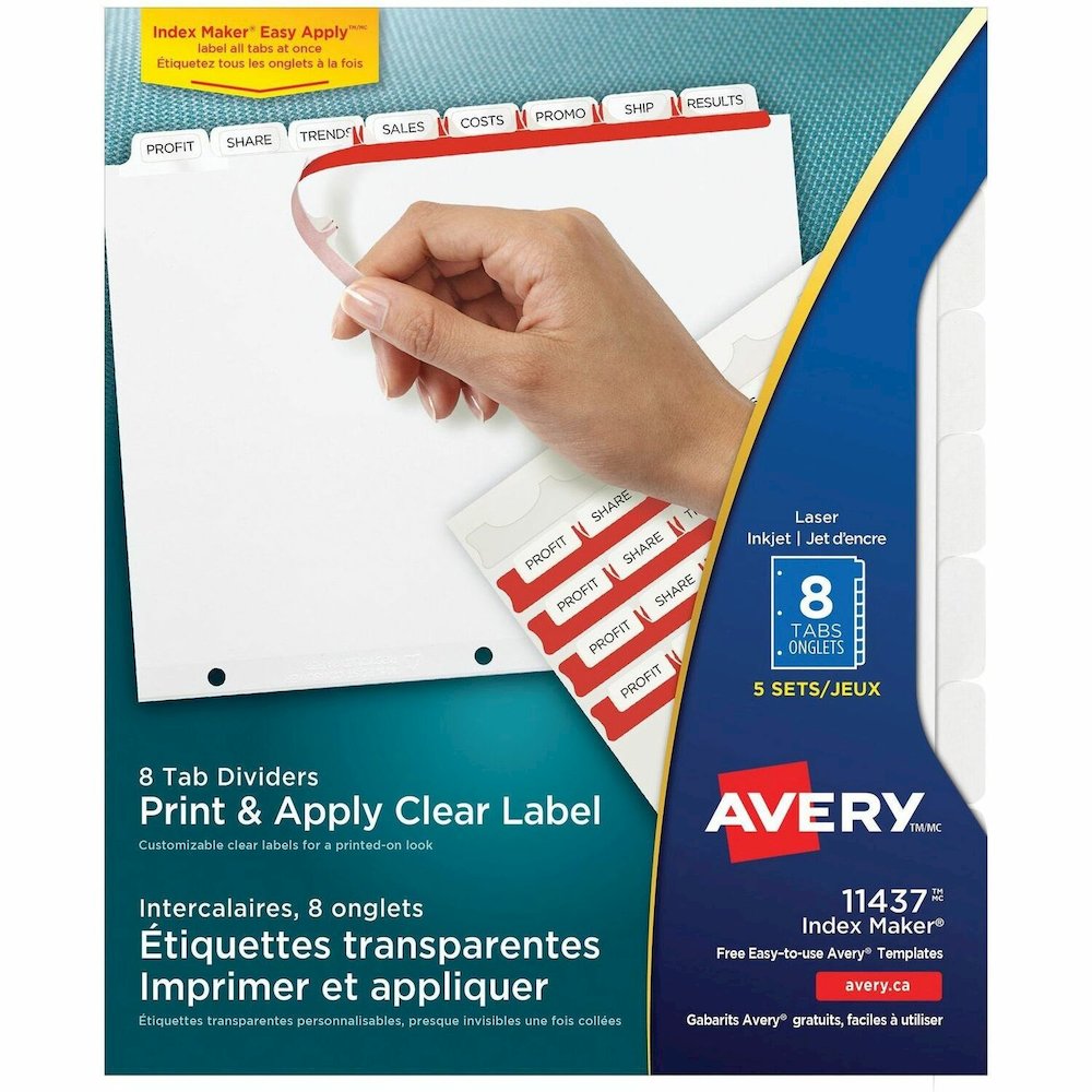 Avery&reg; Print & Apply Clear Label Dividers - Index Maker Easy Apply Label Strip - 40 x Divider(s) - 8 Tab(s)/Set - 8.5" Divider Width x 11" Divider Length - Letter - 3 Hole Punched - Clear Paper Di. Picture 1