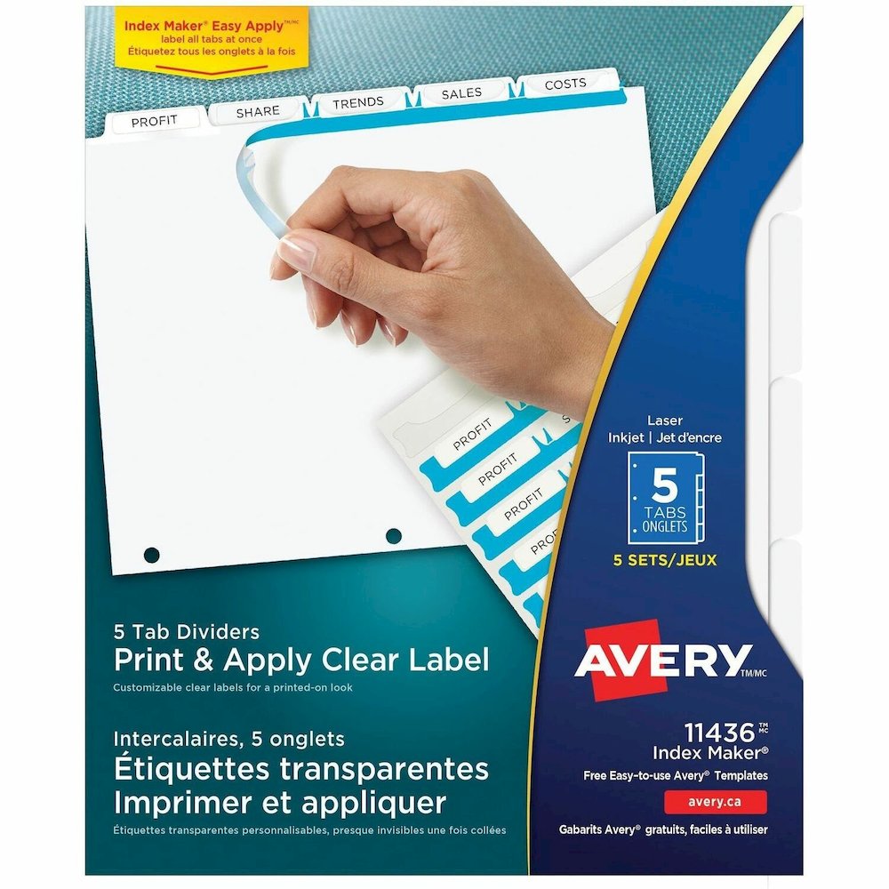 Avery&reg; Print & Apply Clear Label Dividers - Index Maker Easy Apply Label Strip - 25 x Divider(s) - 5 Tab(s)/Set - 8.5" Divider Width x 11" Divider Length - Letter - 3 Hole Punched - Clear Paper Di. Picture 1