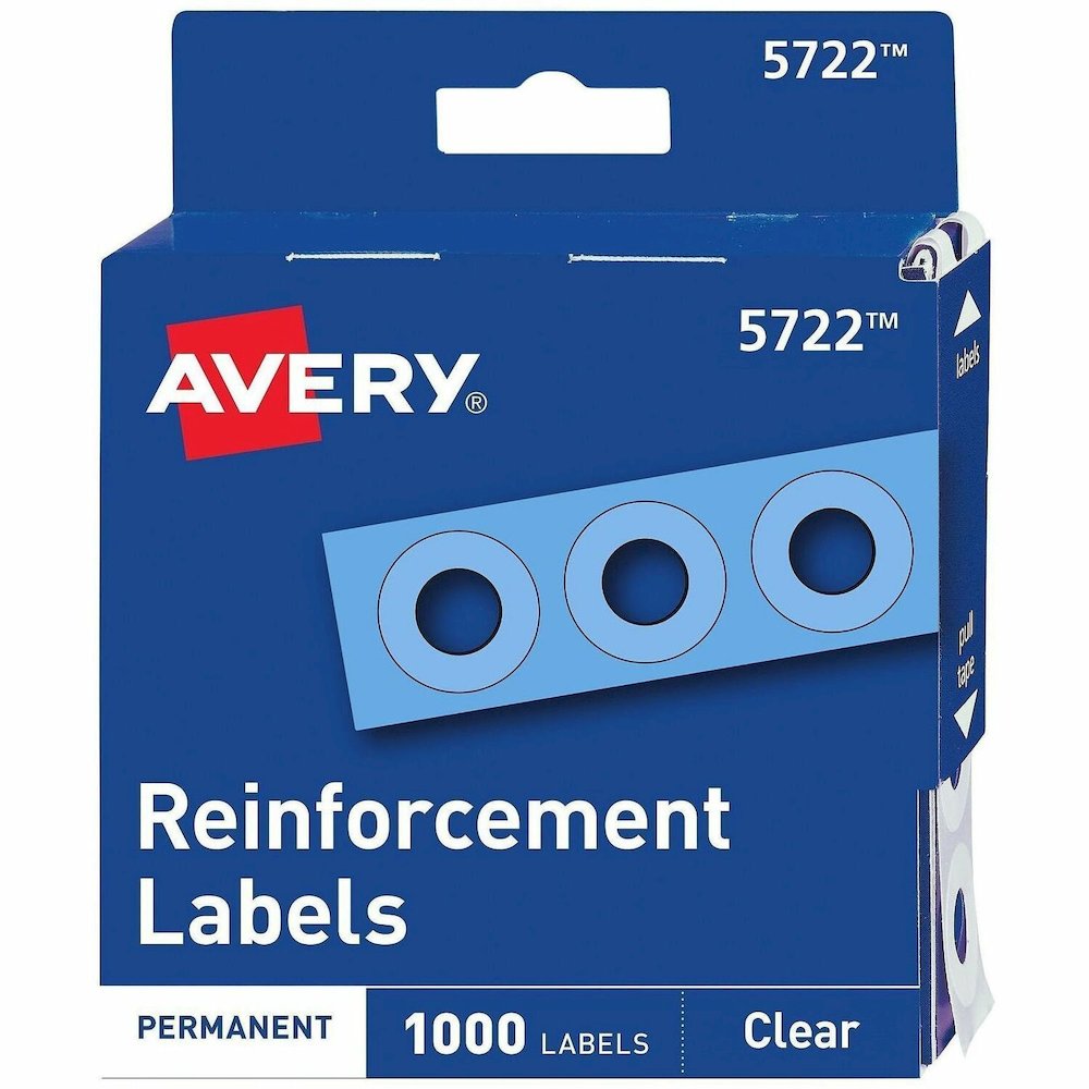 Avery&reg; Hole Reinforcement Label Rings - 0.3" Diameter - 0.25" Maximum Capacity - Round - Clear - Polyvinyl - 1000 / Pack. Picture 1