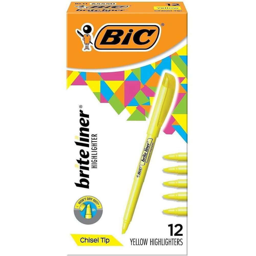 BIC Brite Liner Highlighters - Fluorescent Yellow Ink - Water Based - 1 Dozen. Picture 1