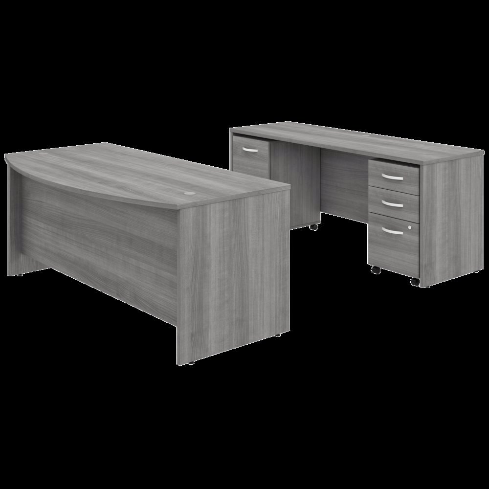 Studio C 72W x 36D Bow Front Desk and Credenza with Mobile File Cabinets. Picture 1