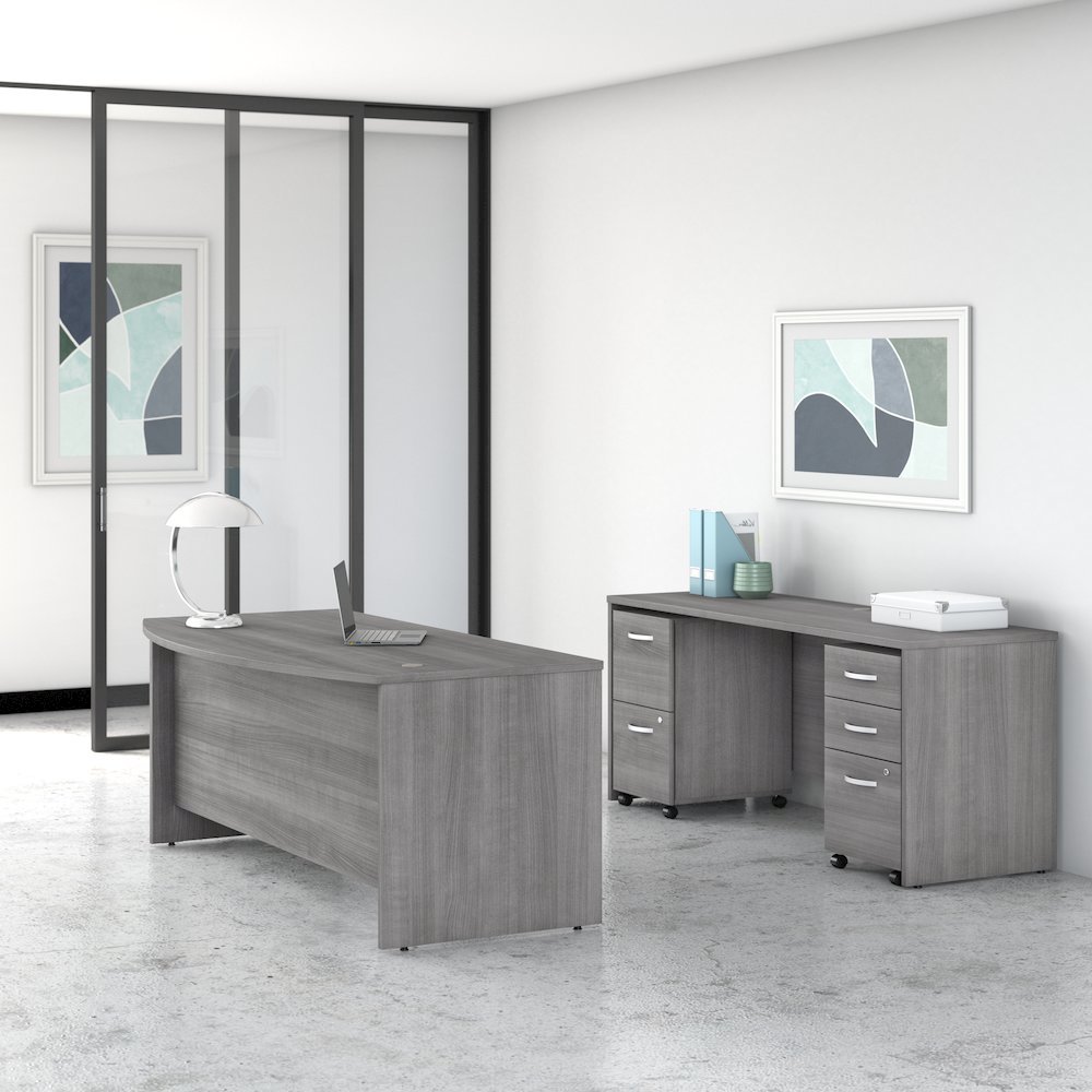 Studio C 72W x 36D Bow Front Desk and Credenza with Mobile File Cabinets. Picture 2