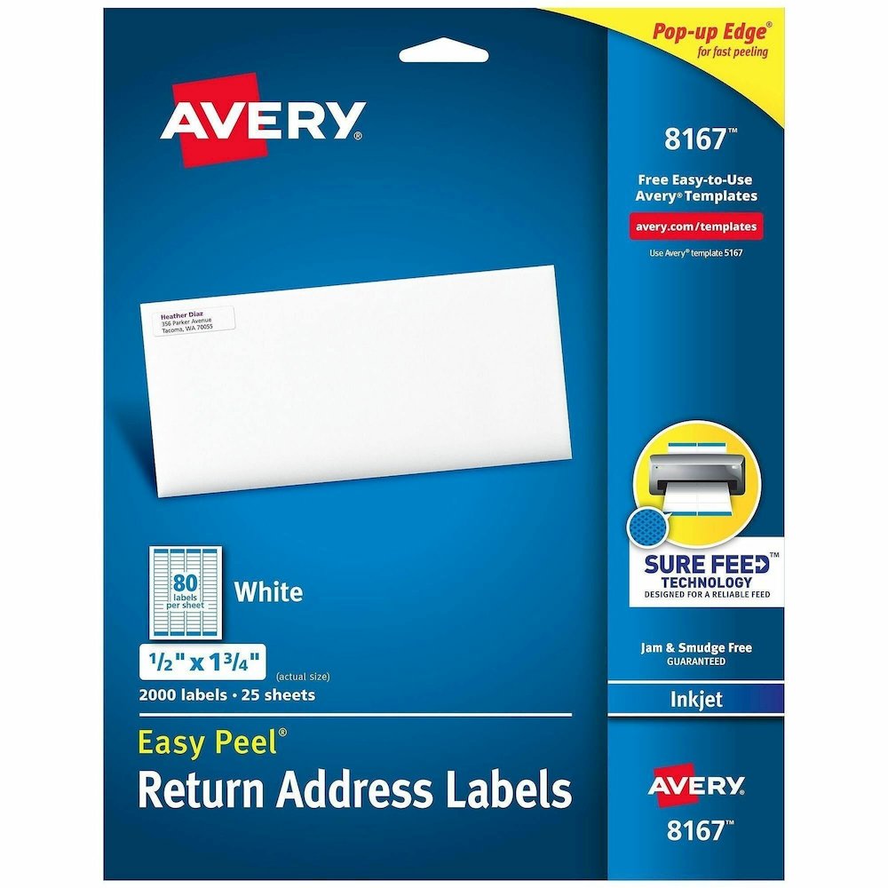 Avery&reg; Easy Peel Return Address Labels, 1/2"x1-3/4" 2,000 Labels (8167) - x 1/2" Width x 1 3/4" Length - Permanent Adhesive - Rectangle - Inkjet - Matte - White - Paper - 80 / Sheet - 25 Total She. Picture 1