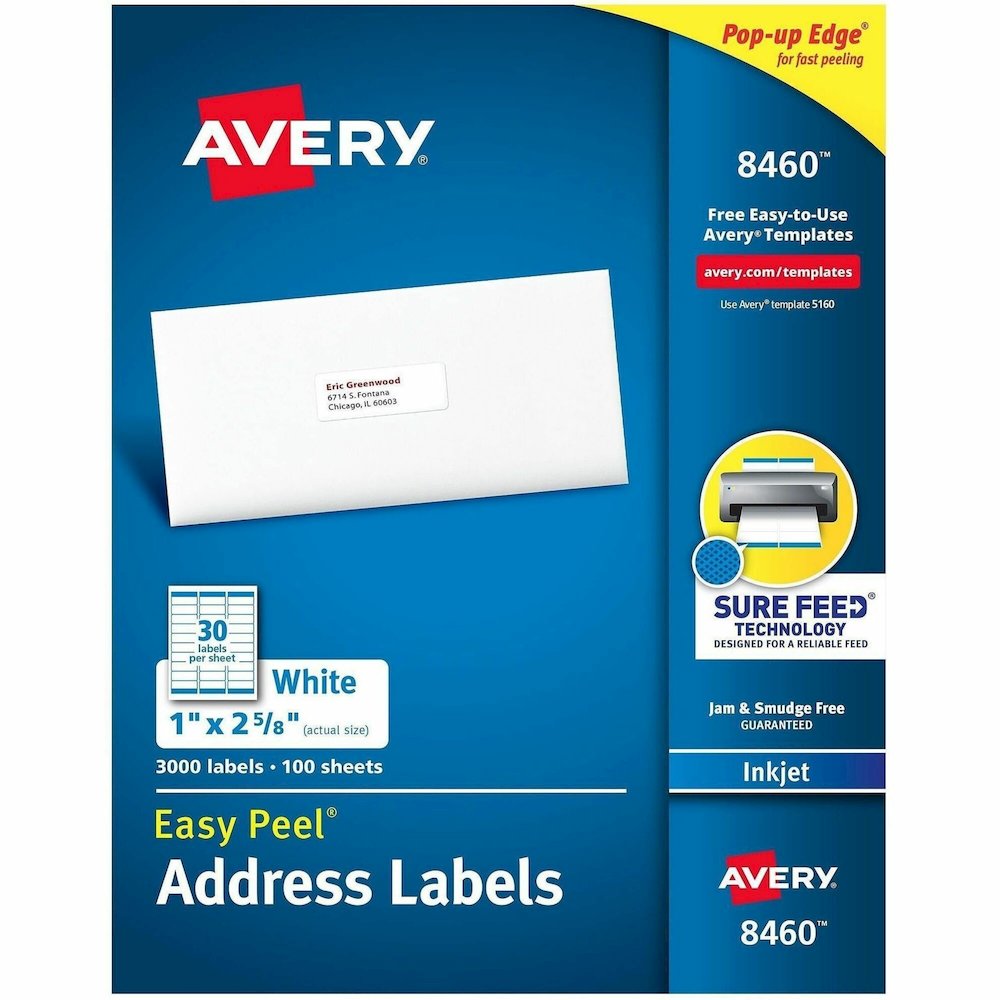 Avery&reg; Easy Peel White Inkjet Mailing Labels - 1" Width x 2 5/8" Length - Permanent Adhesive - Rectangle - Inkjet - Matte - White - Paper - 30 / Sheet - 100 Total Sheets - 3000 Total Label(s) - 30. Picture 1