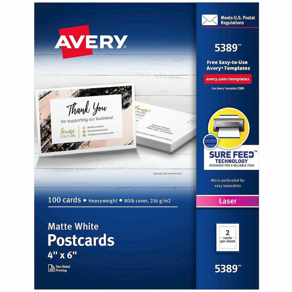 Avery&reg; Sure Feed Postcards - 97 Brightness - 4" x 6" - 80 lb Basis Weight - 216 g/m² Grammage - Matte - Perforated, Heavyweight, Rounded Corner, Uncoated, Smudge-free, Recyclable, Printable, . Picture 1